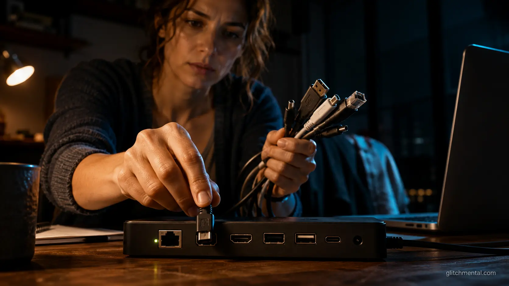 Model Context Protocol: mano conectando un cable entre varios plugs incompatibles en un hub de puertos